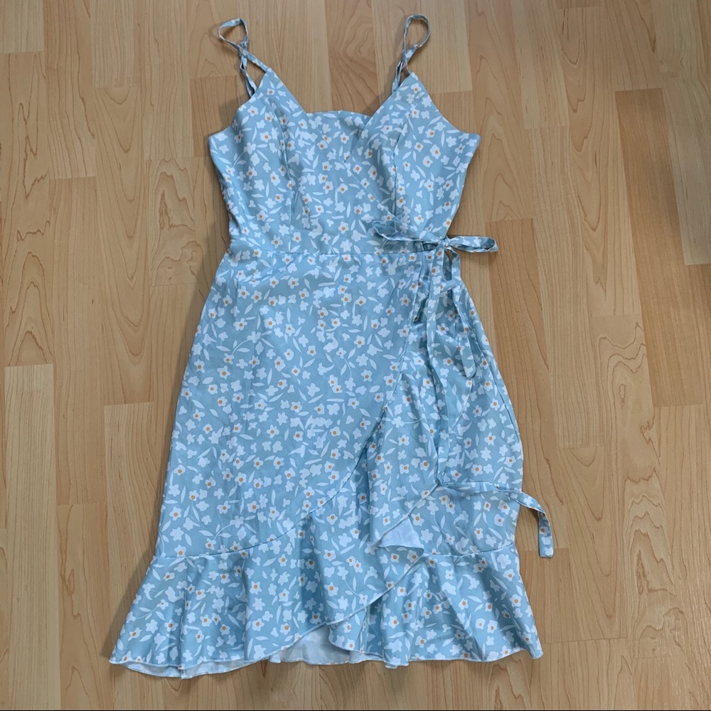 Blue Floral Faux Wrap Dress